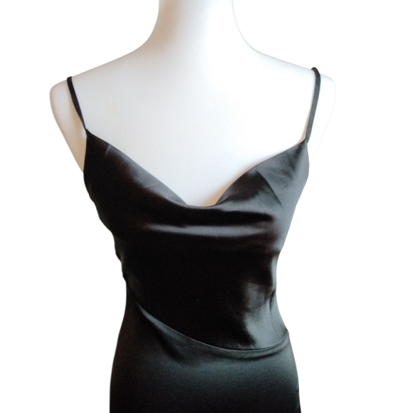 Vintage D&M Satin Slip Dress Black Draped Front High Cut Slit Midi Dress Sz XS - Picture 2 of 9